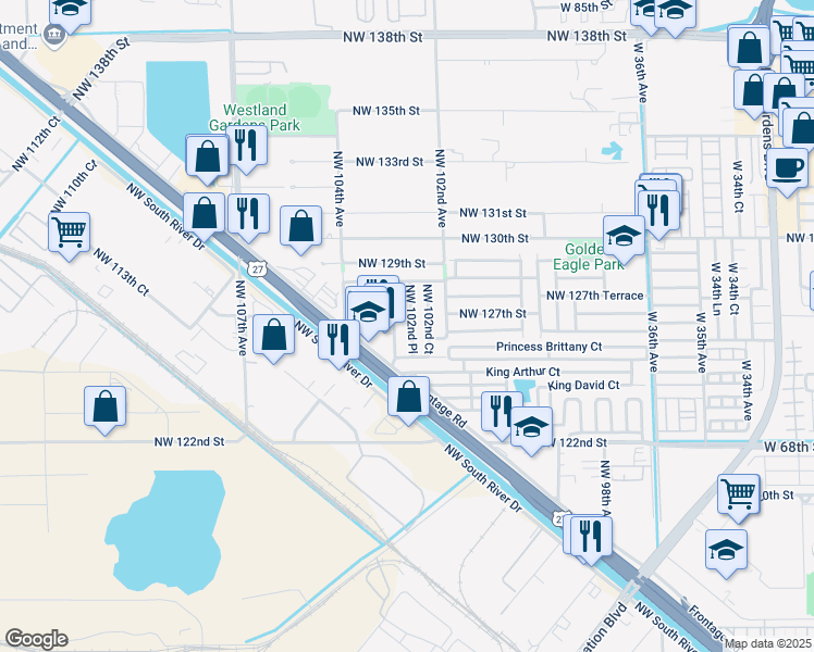map of restaurants, bars, coffee shops, grocery stores, and more near 12706 Northwest 102nd Place in Hialeah Gardens