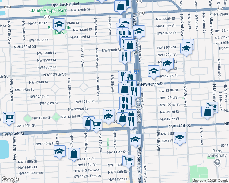 map of restaurants, bars, coffee shops, grocery stores, and more near 12415 Northwest 8th Avenue in North Miami
