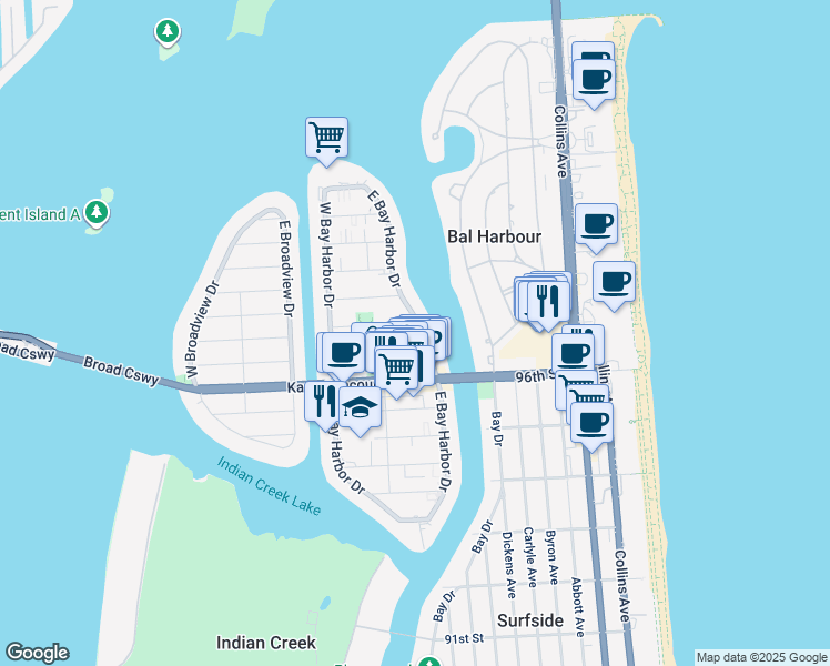 map of restaurants, bars, coffee shops, grocery stores, and more near 9770 East Bay Harbor Drive in Bay Harbor Islands