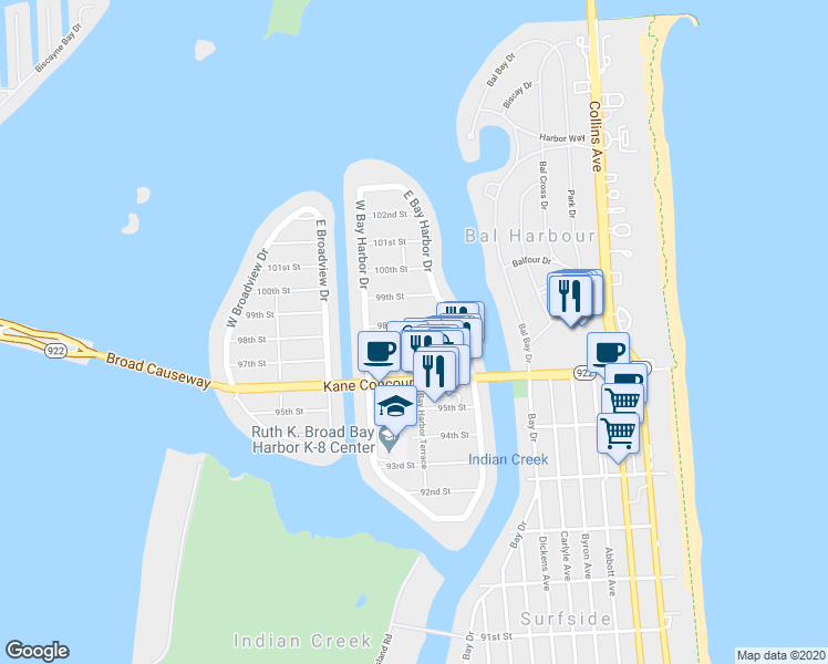 map of restaurants, bars, coffee shops, grocery stores, and more near 9780 Bay Harbor Terrace in Bay Harbor Islands