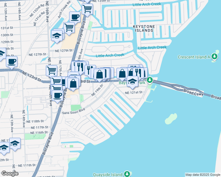 map of restaurants, bars, coffee shops, grocery stores, and more near 2150 Sans Souci Boulevard in North Miami