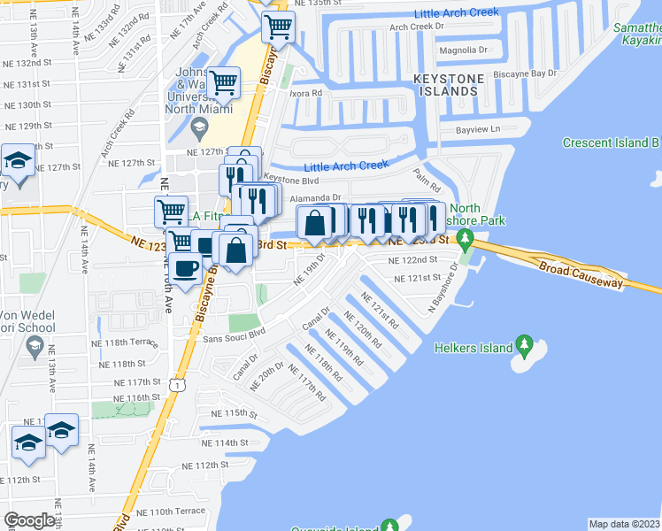 map of restaurants, bars, coffee shops, grocery stores, and more near 11970 Northeast 19th Drive in North Miami