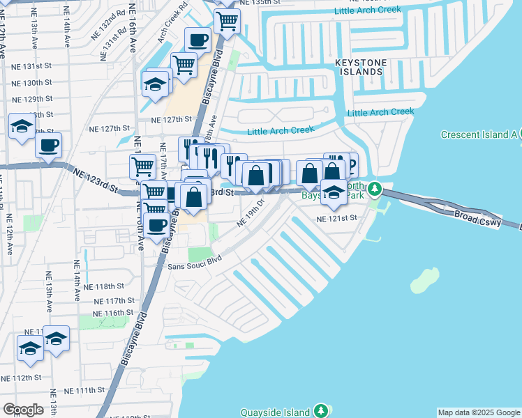 map of restaurants, bars, coffee shops, grocery stores, and more near 11970 Northeast 19th Drive in North Miami