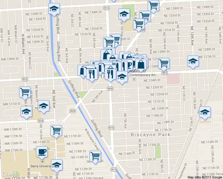map of restaurants, bars, coffee shops, grocery stores, and more near 652 Northeast 123rd Street in North Miami