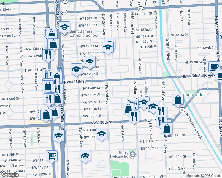map of restaurants, bars, coffee shops, grocery stores, and more near 12340 Northwest 1st Court in North Miami