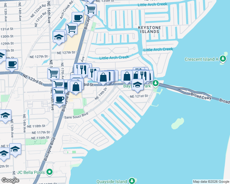 map of restaurants, bars, coffee shops, grocery stores, and more near 2150 Sans Souci Boulevard in North Miami