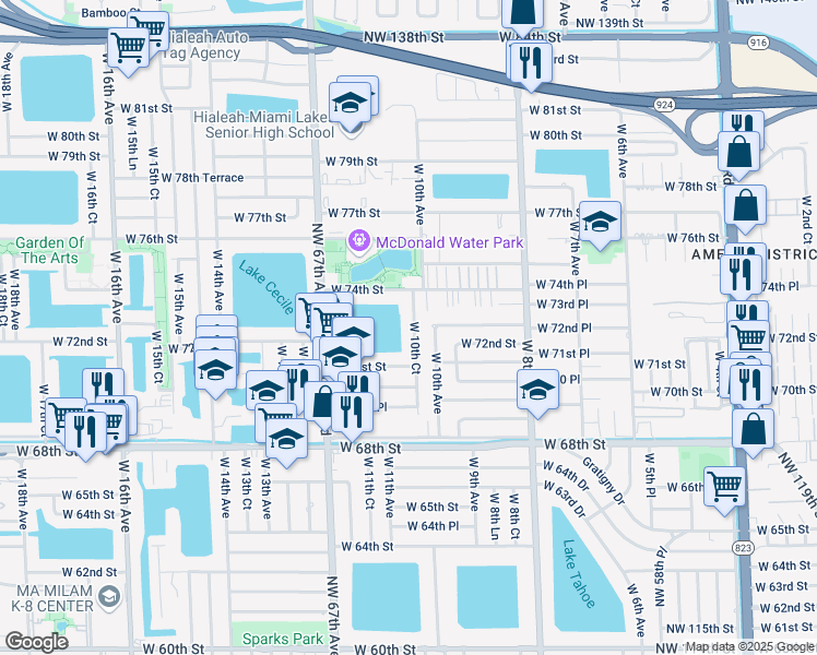 map of restaurants, bars, coffee shops, grocery stores, and more near 7200 West 10th Court in Hialeah