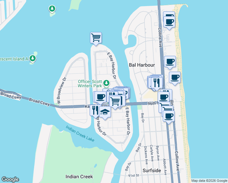 map of restaurants, bars, coffee shops, grocery stores, and more near 9780 Bay Harbor Terrace in Bay Harbor Islands