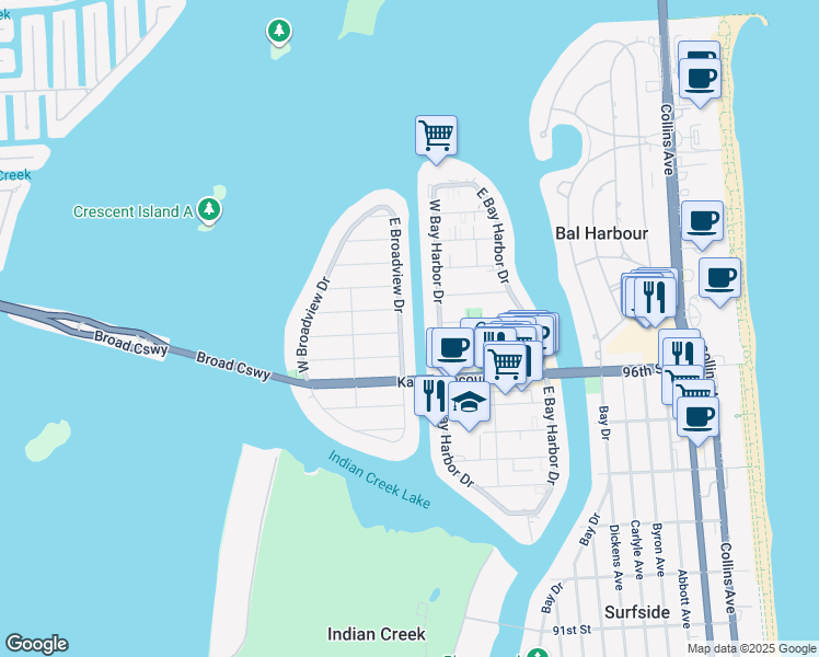 map of restaurants, bars, coffee shops, grocery stores, and more near 9821 East Broadview Drive in Bay Harbor Islands