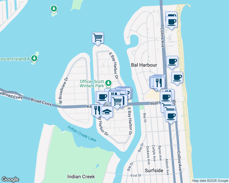 map of restaurants, bars, coffee shops, grocery stores, and more near 9780 Bay Harbor Terrace in Bay Harbor Islands