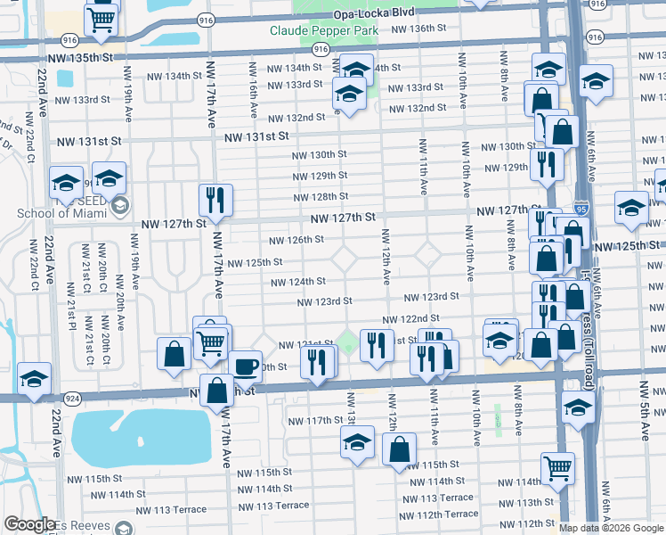 map of restaurants, bars, coffee shops, grocery stores, and more near 12450 Northwest 13th Avenue in North Miami