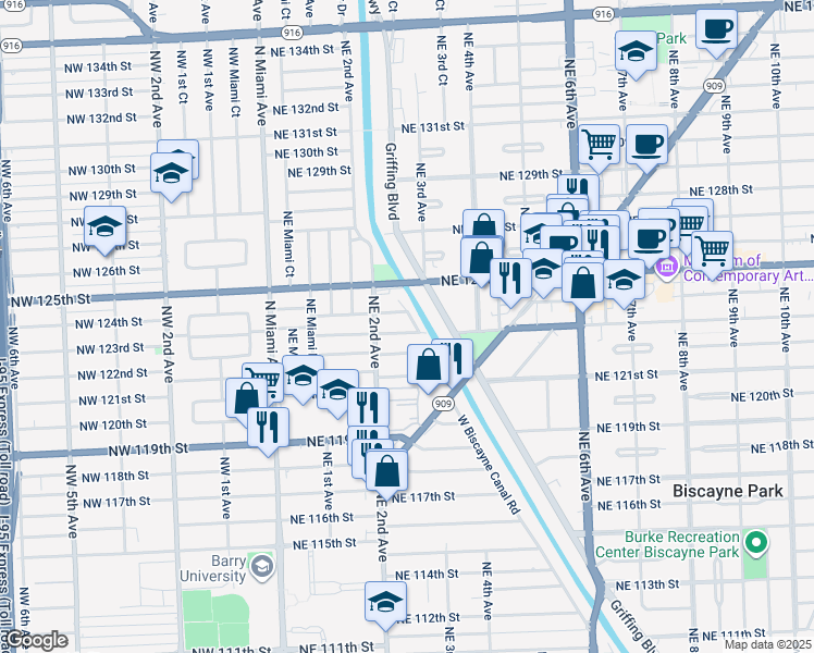 map of restaurants, bars, coffee shops, grocery stores, and more near 255 Northeast 123rd Street in North Miami