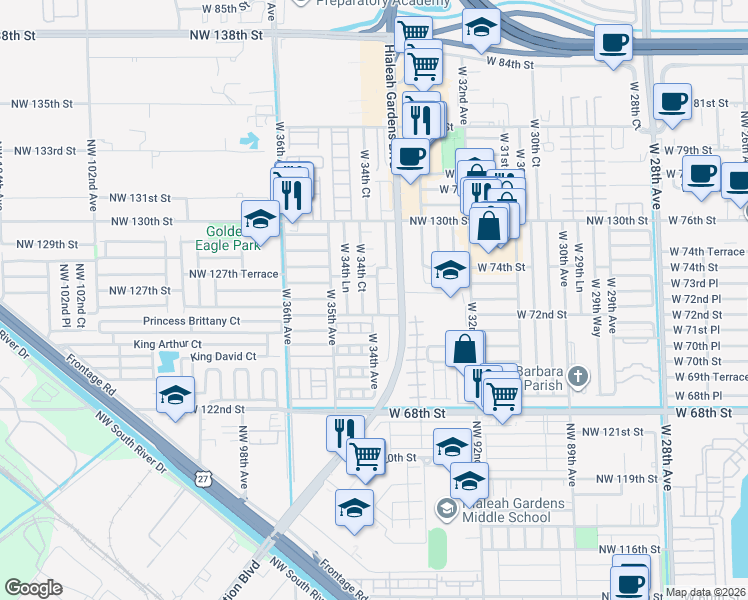 map of restaurants, bars, coffee shops, grocery stores, and more near 7260 West 34th Avenue in Hialeah