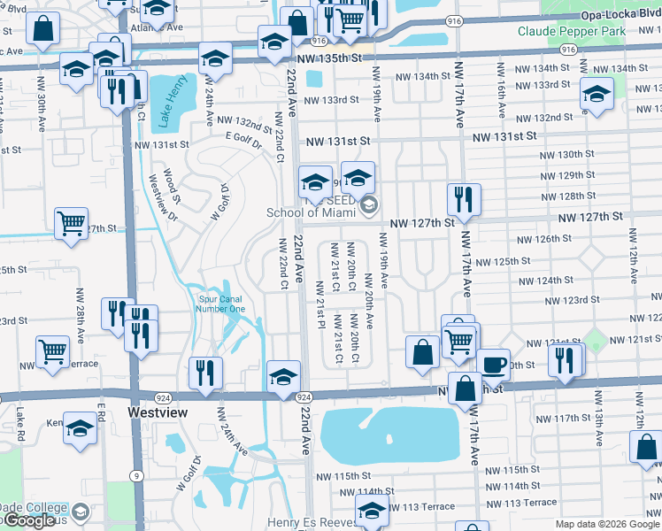 map of restaurants, bars, coffee shops, grocery stores, and more near 12500 Northwest 21st Court in Miami