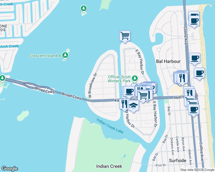 map of restaurants, bars, coffee shops, grocery stores, and more near 1261 98th Street in Bay Harbor Islands