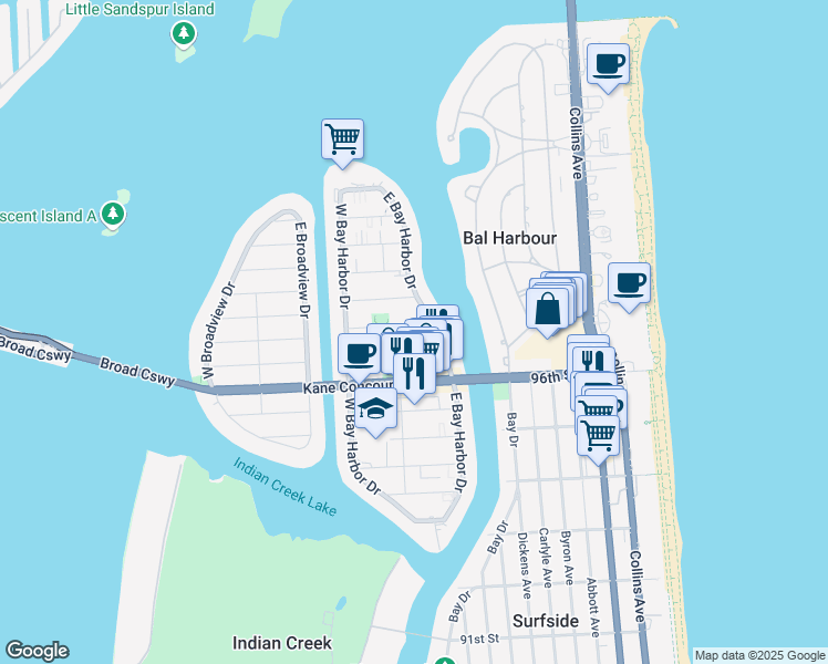 map of restaurants, bars, coffee shops, grocery stores, and more near 9770 East Bay Harbor Drive in Bay Harbor Islands
