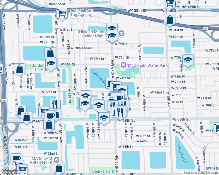 map of restaurants, bars, coffee shops, grocery stores, and more near 1215 West 72nd Street in Hialeah