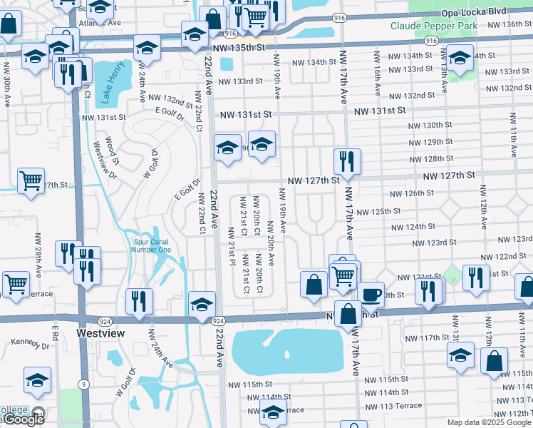 map of restaurants, bars, coffee shops, grocery stores, and more near 12500 Northwest 20th Avenue in North Miami