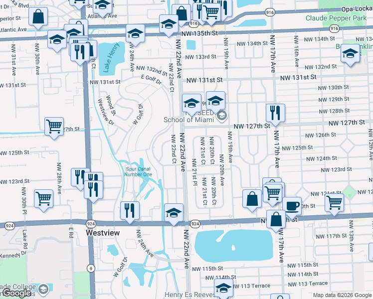 map of restaurants, bars, coffee shops, grocery stores, and more near 12515 Northwest 22nd Avenue in Miami