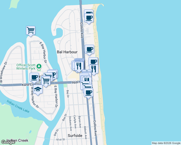 map of restaurants, bars, coffee shops, grocery stores, and more near in Miami Beach