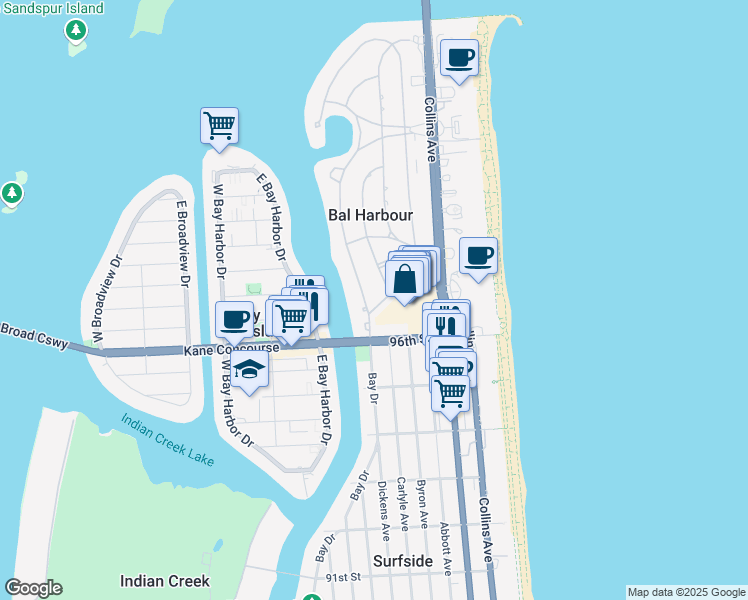 map of restaurants, bars, coffee shops, grocery stores, and more near 32 Camden Drive in Bal Harbour