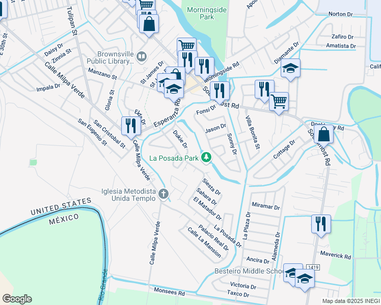 map of restaurants, bars, coffee shops, grocery stores, and more near 1253 Dukie Drive in Brownsville