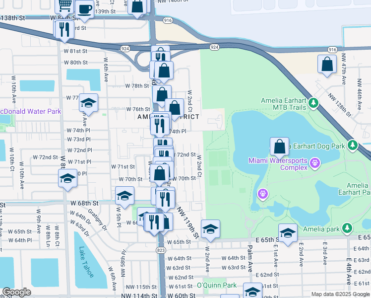 map of restaurants, bars, coffee shops, grocery stores, and more near 7255 West 2nd Way in Hialeah