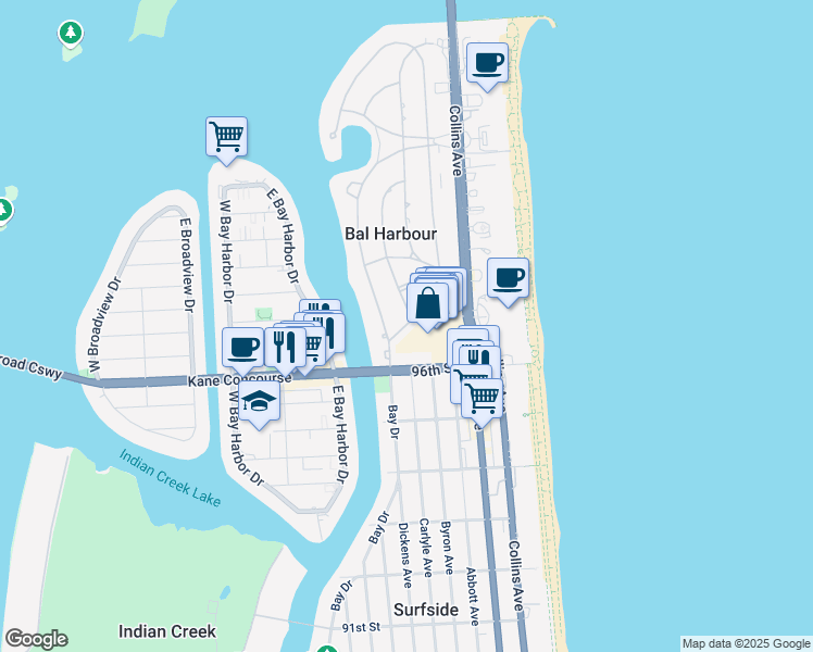 map of restaurants, bars, coffee shops, grocery stores, and more near 32 Camden Drive in Bal Harbour
