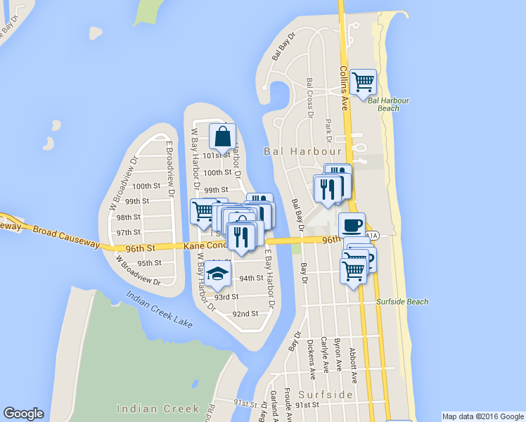 map of restaurants, bars, coffee shops, grocery stores, and more near 9770 East Bay Harbor Drive in Bay Harbor Islands