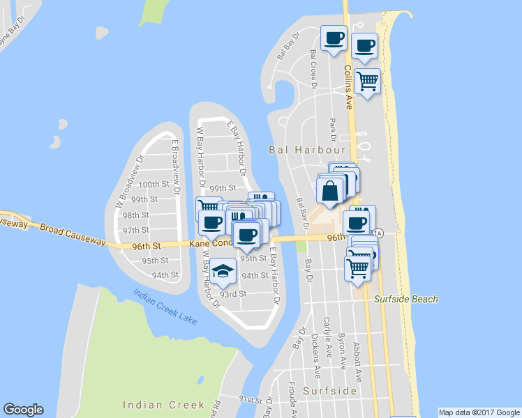 map of restaurants, bars, coffee shops, grocery stores, and more near 9770 East Bay Harbor Drive in Bay Harbor Islands