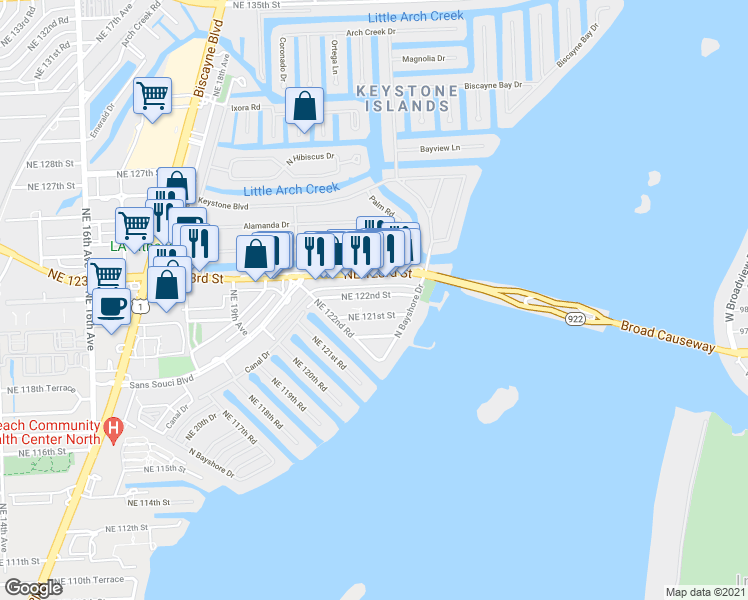 map of restaurants, bars, coffee shops, grocery stores, and more near 2190 Northeast 122nd Street in North Miami