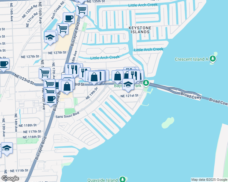 map of restaurants, bars, coffee shops, grocery stores, and more near 2150 Sans Souci Boulevard in North Miami