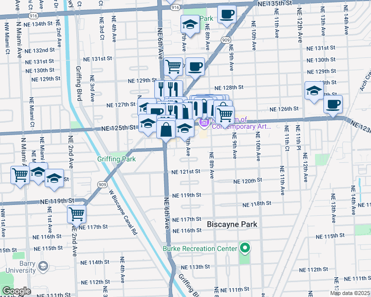 map of restaurants, bars, coffee shops, grocery stores, and more near 720 Northeast 123rd Street in North Miami