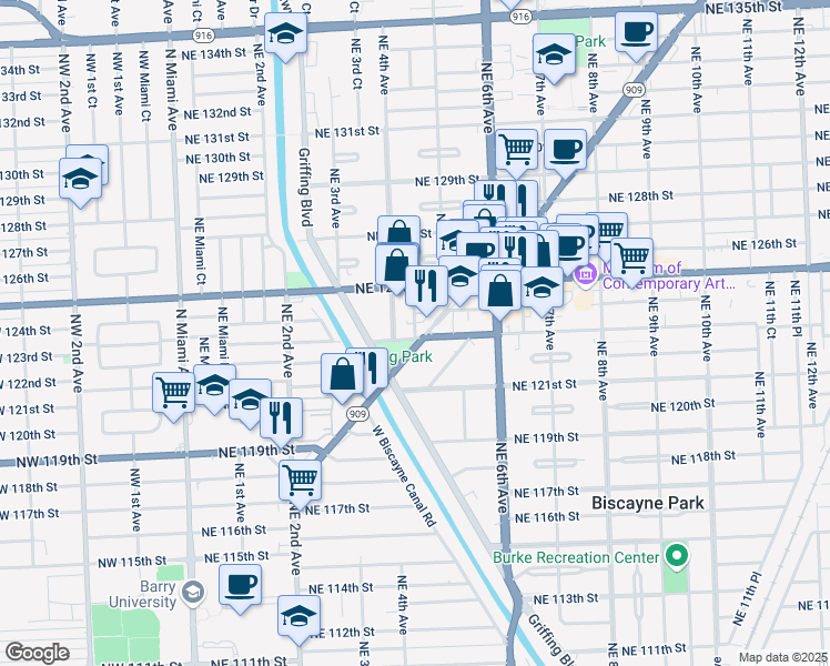 map of restaurants, bars, coffee shops, grocery stores, and more near 12315 Northeast 4th Avenue in North Miami