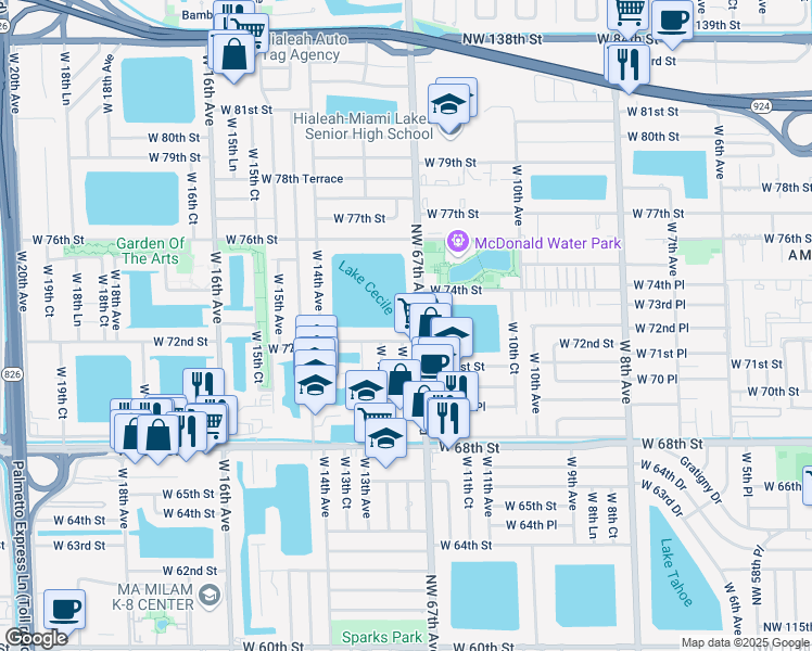 map of restaurants, bars, coffee shops, grocery stores, and more near 1215 West 72nd Street in Hialeah