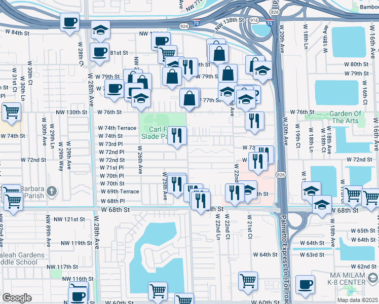 map of restaurants, bars, coffee shops, grocery stores, and more near 213 West 72nd Place in Hialeah