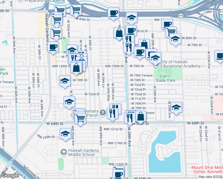 map of restaurants, bars, coffee shops, grocery stores, and more near 2883 West 72nd Terrace in Hialeah