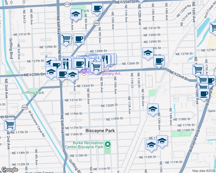 map of restaurants, bars, coffee shops, grocery stores, and more near 930 Northeast 123rd Street in North Miami