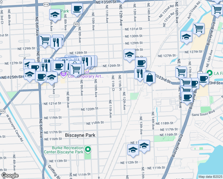 map of restaurants, bars, coffee shops, grocery stores, and more near 1070 Northeast 123rd Street in North Miami