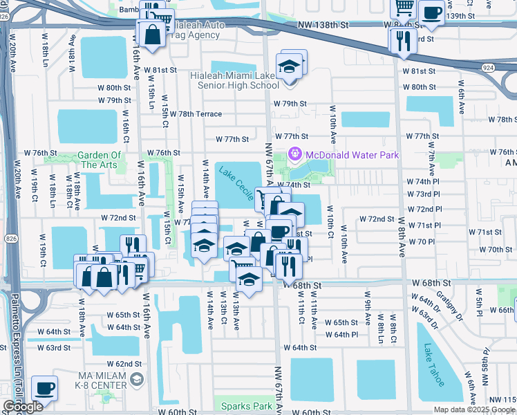map of restaurants, bars, coffee shops, grocery stores, and more near 1215 West 72nd Street in Hialeah
