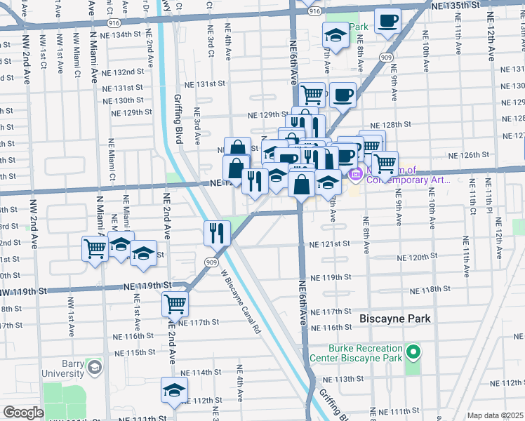 map of restaurants, bars, coffee shops, grocery stores, and more near 475 Northeast 123rd Street in North Miami