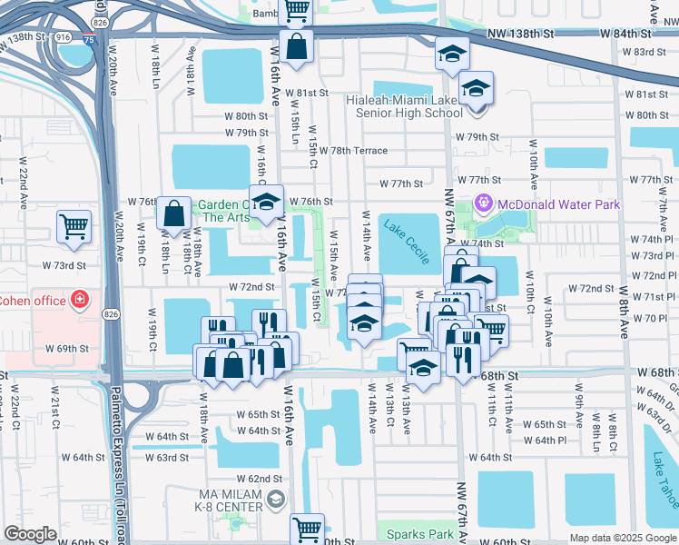 map of restaurants, bars, coffee shops, grocery stores, and more near 7275 West 15th Avenue in Hialeah