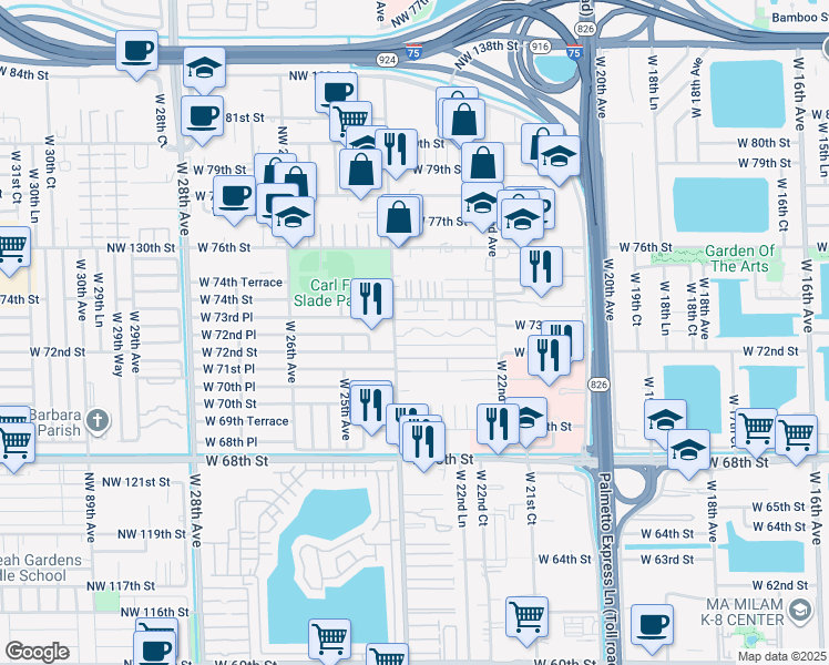 map of restaurants, bars, coffee shops, grocery stores, and more near 213 West 72nd Place in Hialeah