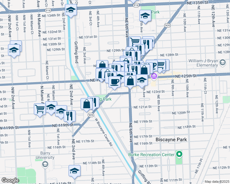 map of restaurants, bars, coffee shops, grocery stores, and more near 475 Northeast 123rd Street in North Miami