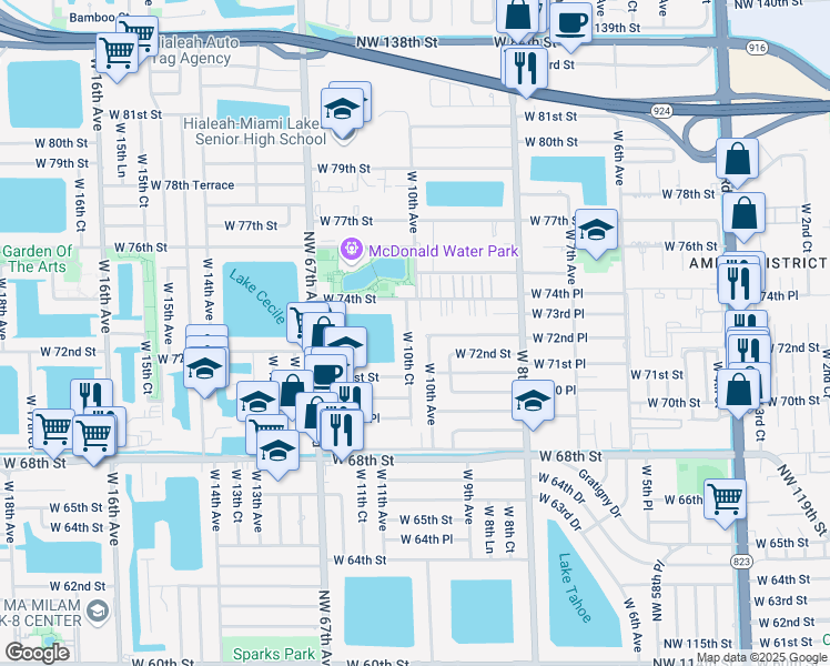 map of restaurants, bars, coffee shops, grocery stores, and more near 7225 West 10th Court in Hialeah