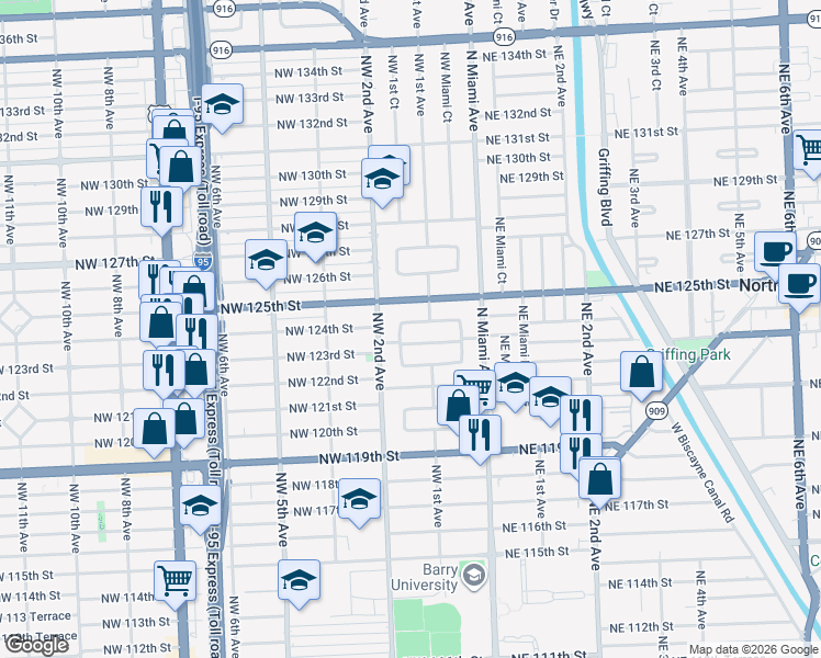 map of restaurants, bars, coffee shops, grocery stores, and more near 12340 Northwest 1st Court in North Miami