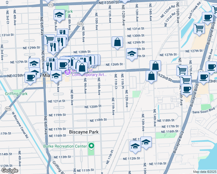 map of restaurants, bars, coffee shops, grocery stores, and more near 1070 Northeast 123rd Street in North Miami