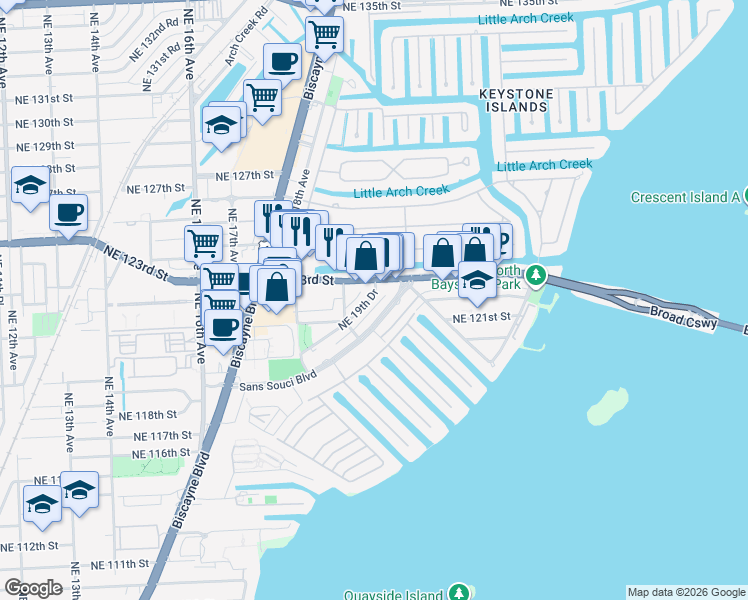 map of restaurants, bars, coffee shops, grocery stores, and more near 11930 Northeast 19th Drive in North Miami