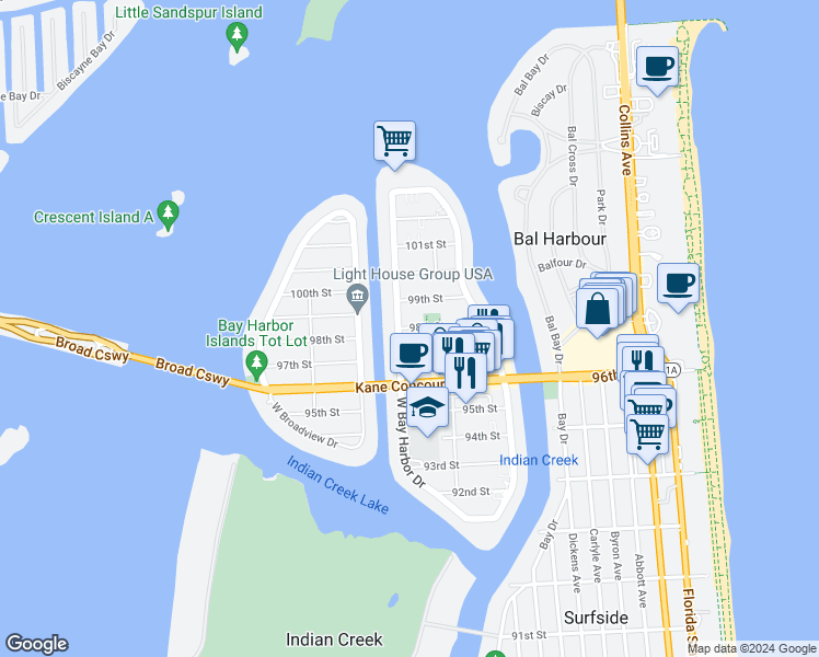 map of restaurants, bars, coffee shops, grocery stores, and more near 1150 98th Street in Bay Harbor Islands