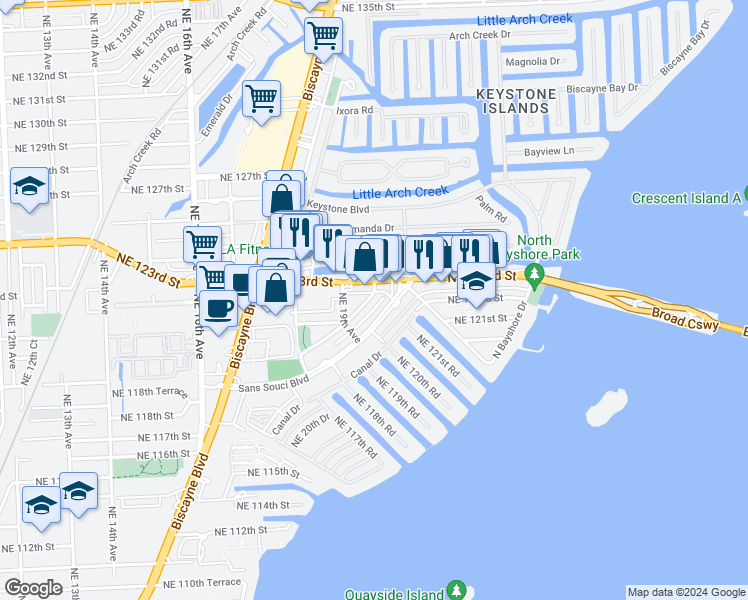 map of restaurants, bars, coffee shops, grocery stores, and more near 11970 Northeast 19th Drive in North Miami
